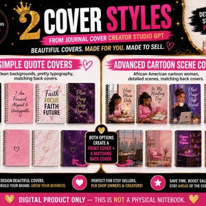 May include: Promotional image advertising two digital notebook cover styles: Simple Quote Covers and Advanced Cartoon Scene Covers. Examples of each style are displayed, featuring text and illustrations. The image includes the text "Design it. Sell it. Profit."