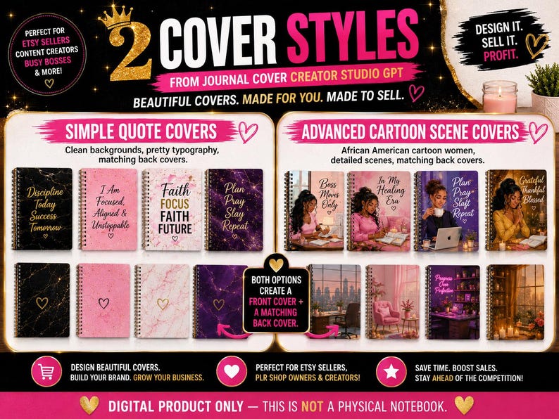 May include: Promotional image advertising two digital notebook cover styles: Simple Quote Covers and Advanced Cartoon Scene Covers. Examples of each style are displayed, featuring text and illustrations. The image includes the text "Design it. Sell it. Profit."