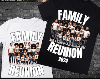 Puede incluir: Una camiseta blanca y una camiseta negra con el texto "FAMILY REUNION 2024" y una ilustración de un gran grupo familiar. Los miembros de la familia son todos negros y están de pie en fila. La ilustración está en estilo de dibujos animados.