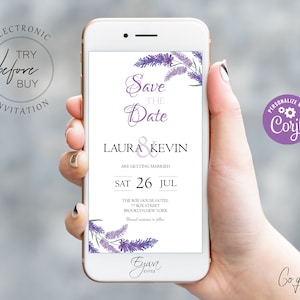 Lavender Save the Date Evite Template Purple Electronic Save the Date Invitation Editable Smartphone Evite Modern Whats Up Evite E7