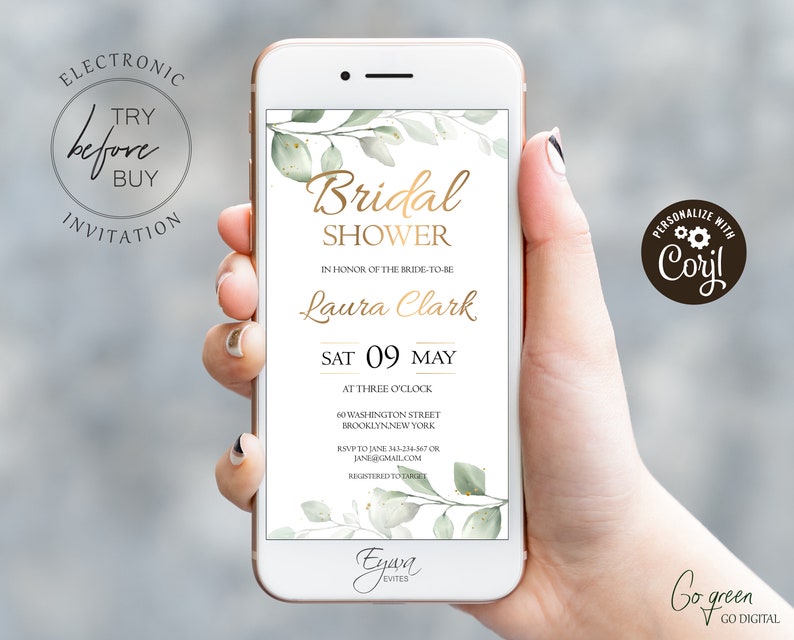 Greenery Bridal Shower Evite Template Gold Electronic Bridal Etsy UK