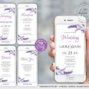 Lavender Wedding Evite Set Template Purple Electronic Wedding Invitation Bundle Template Text Invite Smartphone Invite E7