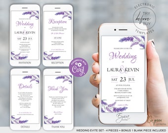 Lavender Wedding Evite Set Template Purple Electronic Wedding Invitation Bundle Template Text Invite Smartphone Invite E7