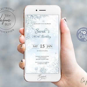 Winter Electronic Birthday Evite Template Frozen Snowflakes Birthday Party Invitation Phone Bday Party Invite Text Email Evite