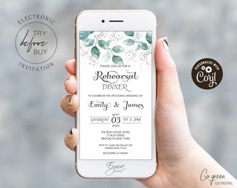 Greenery Rehearsal Dinner Evite Template Eucalyptus Electronic Editable Rehearsal Dinner Invitation Phone Invite Text Evite Email Evite E10