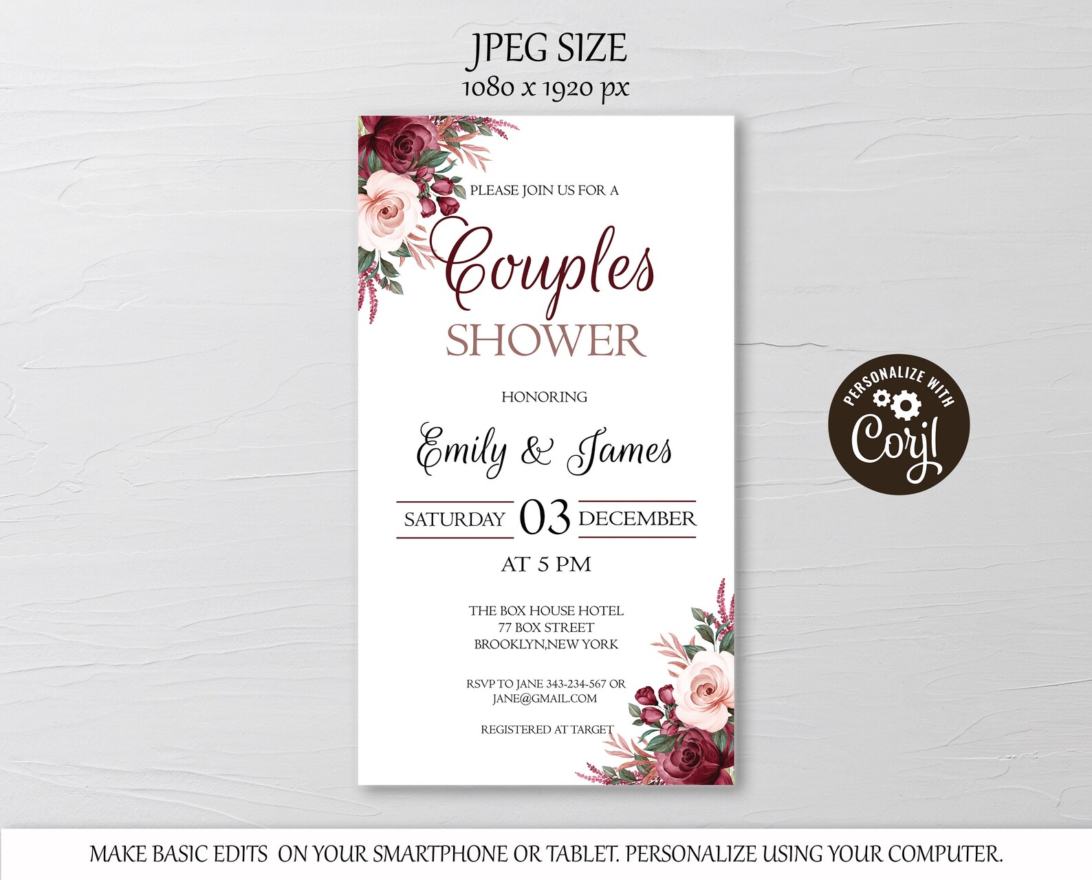 Burgundy and Blush Couples Shower Evite Template Electronic Etsy