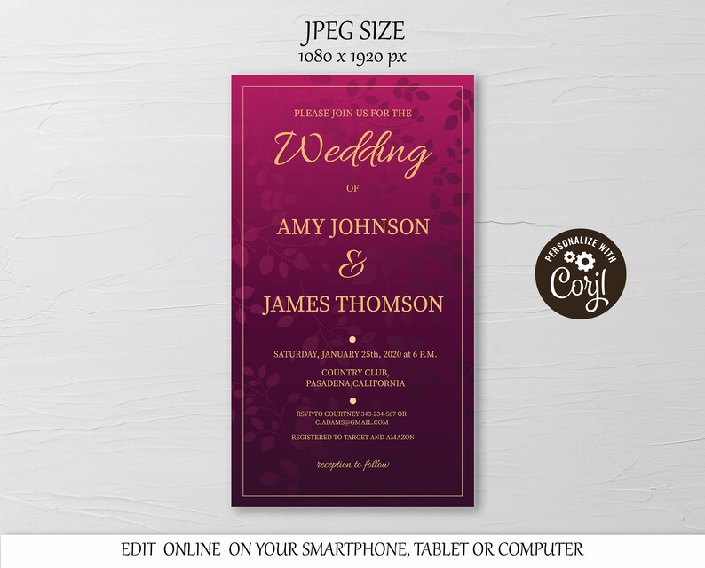 Purple Wedding Invitation Evite Template Gold Electronic Etsy
