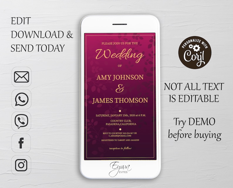 Purple Wedding Invitation Evite Template Gold Electronic Etsy