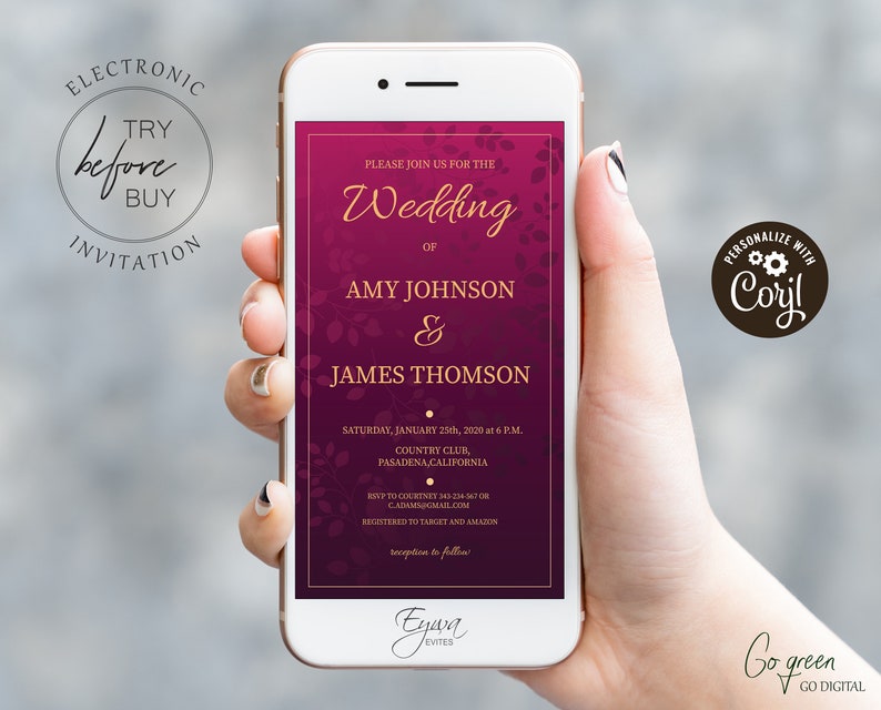 Purple Wedding Invitation Evite Template Gold Electronic Etsy