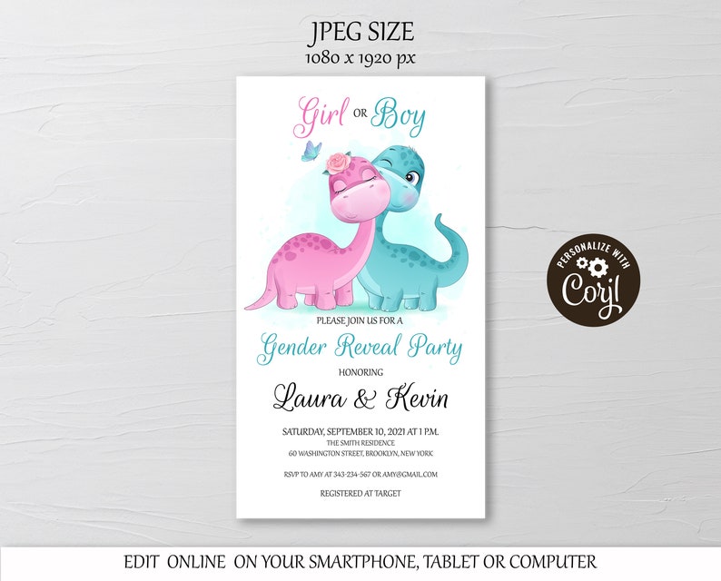 Dinosaur Gender Reveal Evite Pink and Green Dino Gender Reveal Etsy