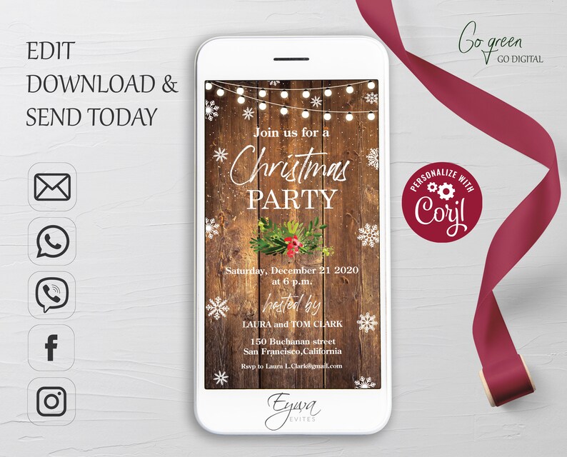 Rustic Christmas Party Evite Template Electronic Sparkly - Etsy
