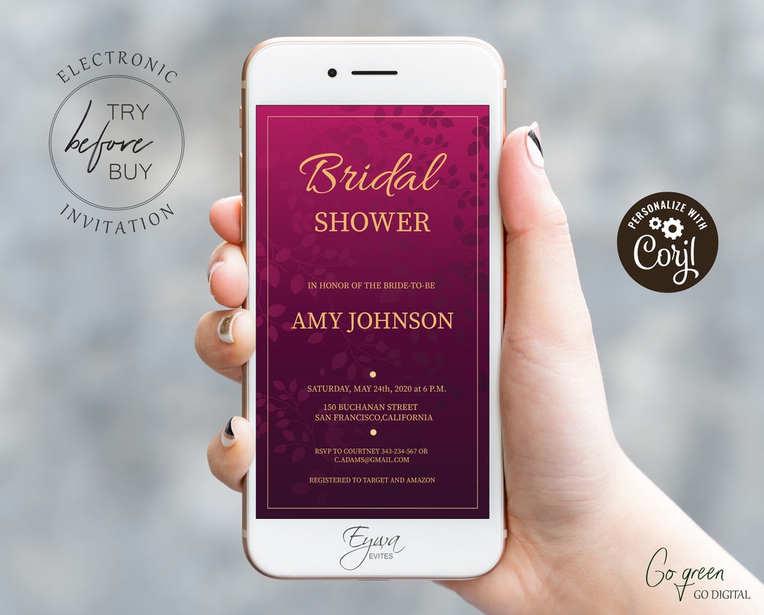 Purple Electronic Bridal Shower Invitation Template Gold Etsy