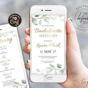 Greenery Bachelorette Weekend Evite Template Gold Electronic Bachelorette Weekend Invitation and Itinerary Editable Smartphone Invite E8