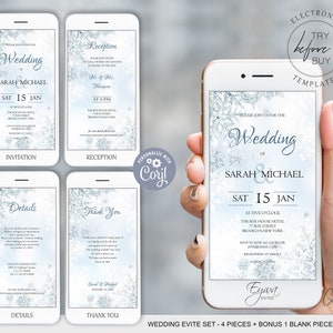 Winter Wedding Evite Set Template Frozen Snowflakes Electronic Wedding Invitation Bundle Template Wonderland Wedding Text Invite E71