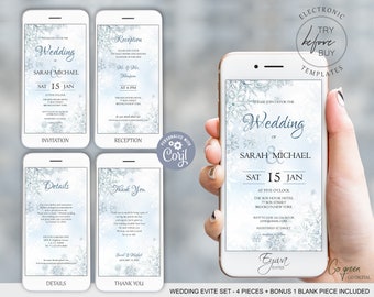 Winter Wedding Evite Set Template Frozen Snowflakes Electronic Wedding Invitation Bundle Template Wonderland Wedding Text Invite E71