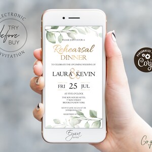 Greenery Rehearsal Dinner Evite Template Gold Electronic Editable Rehearsal Dinner Invitation SmartPhone Invite Text Evite Email Evite E8