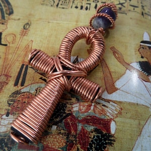 Copper coiled Ankh, Amethyst Bead Pendant