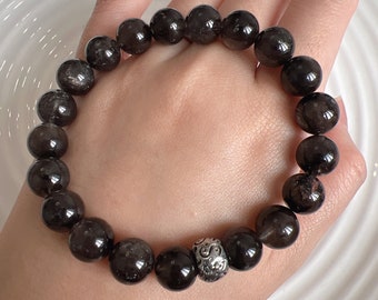 Bracciale con perline di diamanti Herkimer neri naturali di alta qualità da 9,5 mm con ciondolo in argento 925; Quarzo diamante Herkimer; Energia