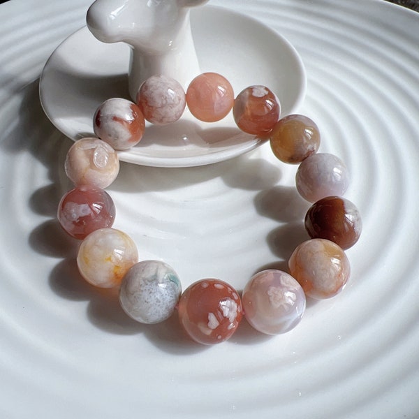 AAAA erstklassige 14mm natürliche Kirschblüten Achat Perlen Armband; Seltenes Muster; bestes Geschenk für Mädchen / Damen