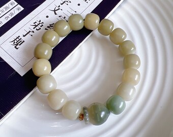 Alta qualità 5 anni Myanmar Natural Weathered Green 13mm Barrel Bodhi Root Bracciale con perline design con carota Bodhi intagliata; Mala prega; Yoga