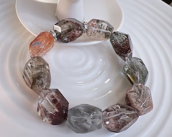 Braccialetto di perline di cristallo fantasma multicolore da giardino di alta qualità da 16-18 mm con ciondolo in argento 925; quarzo fantasma; ricchezza; colore raro