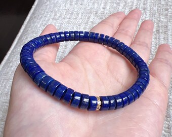 Bracciale con perline a taglio dritto in lapislazzuli naturale da 7 mm; pietra preziosa autentica; guarigione emotiva; antistress; design alla moda