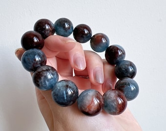 Braccialetto di perline di alta qualità con combinazione di acquamarina blu e pietra del sole dorata da 16 mm; raro ritrovamento; pietra calmante; pietra curativa; (岛屿）