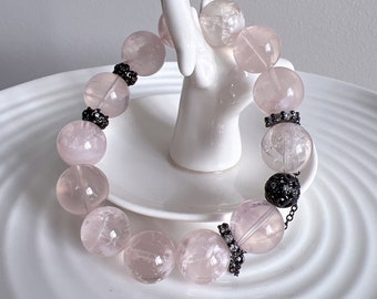Bracciale con perline di cristallo di quarzo fantasma autentico fiocco di neve rosa da 14+mm di alta qualità; Quarzo fantasma; Quarzo fantasma; Amore/Amicizia