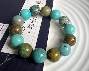 Braccialetto di perline di turchese multicolore, Hubei Cina, naturale, di alta qualità, da 15+ mm, con motivo raro; pietra curativa; braccialetto portafortuna; ritrovamento raro