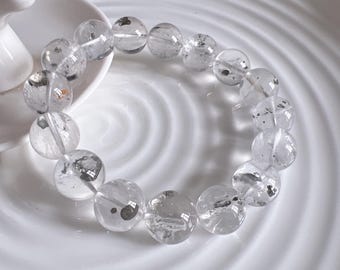 Braccialetto di perline di quarzo pirite raro di alta qualità da 13 mm; oro degli sciocchi; protezione; energia; benessere e guarigione; ritrovamento raro