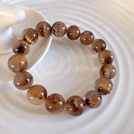 High Quality Geniune Natural 14mm Coffee Titanium Rutilated Quartz Crystal  Beaded Bracelet; Gold Quartz; Wealth/Energy; Wrist adjustable