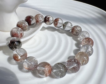 Braccialetto di perline di cristallo fantasma naturale quattro stagioni da 11 mm di alta qualità; perline rotonde potenti; quarzo fantasma multicolore; fortuna