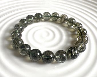 Bracciale con perline di quarzo rutilato verde naturale da 10 mm in grandi quantità; quarzo tormalinato; carriera; fortuna; il migliore per tutti;