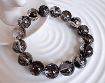 Bracciale con perline di diamanti Herkimer neri naturali di alta qualità da 13 mm; quarzo di diamanti Herkimer; energia; potere; sonno ristoratore; trasparente; raro