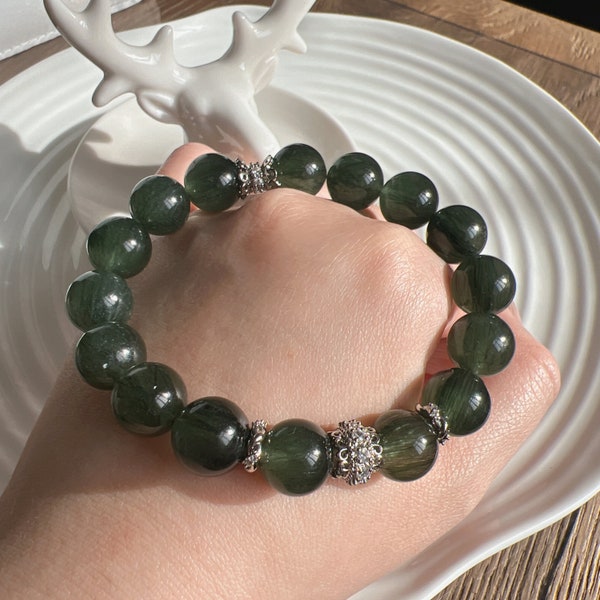 Genuine Natural Green Rutilated Quartz 11.5mm Beaded Bracelet design with Silver charms; Rabbit Hair Quartz; Career; Lucky