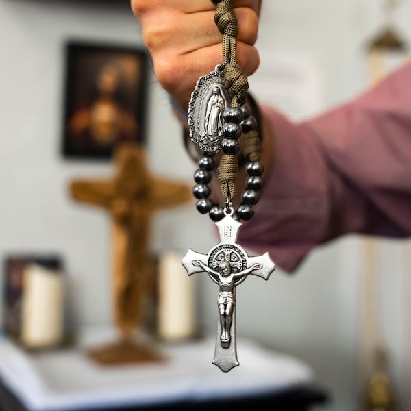 Durable Paracord Rosary w/Large Gun Metal Beads and Large Crucifix