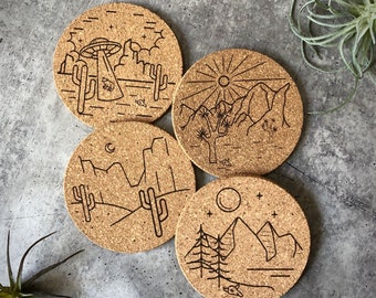Desert Themed Engraved Cork Coaster Set | Absorbent Modern Coasters | Cork Coaster Set