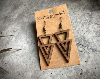 The Geraldine Earrings, Double Triangle Geometric Laser Cut Wood Earrings, Geometric Wood Triangle Earrings