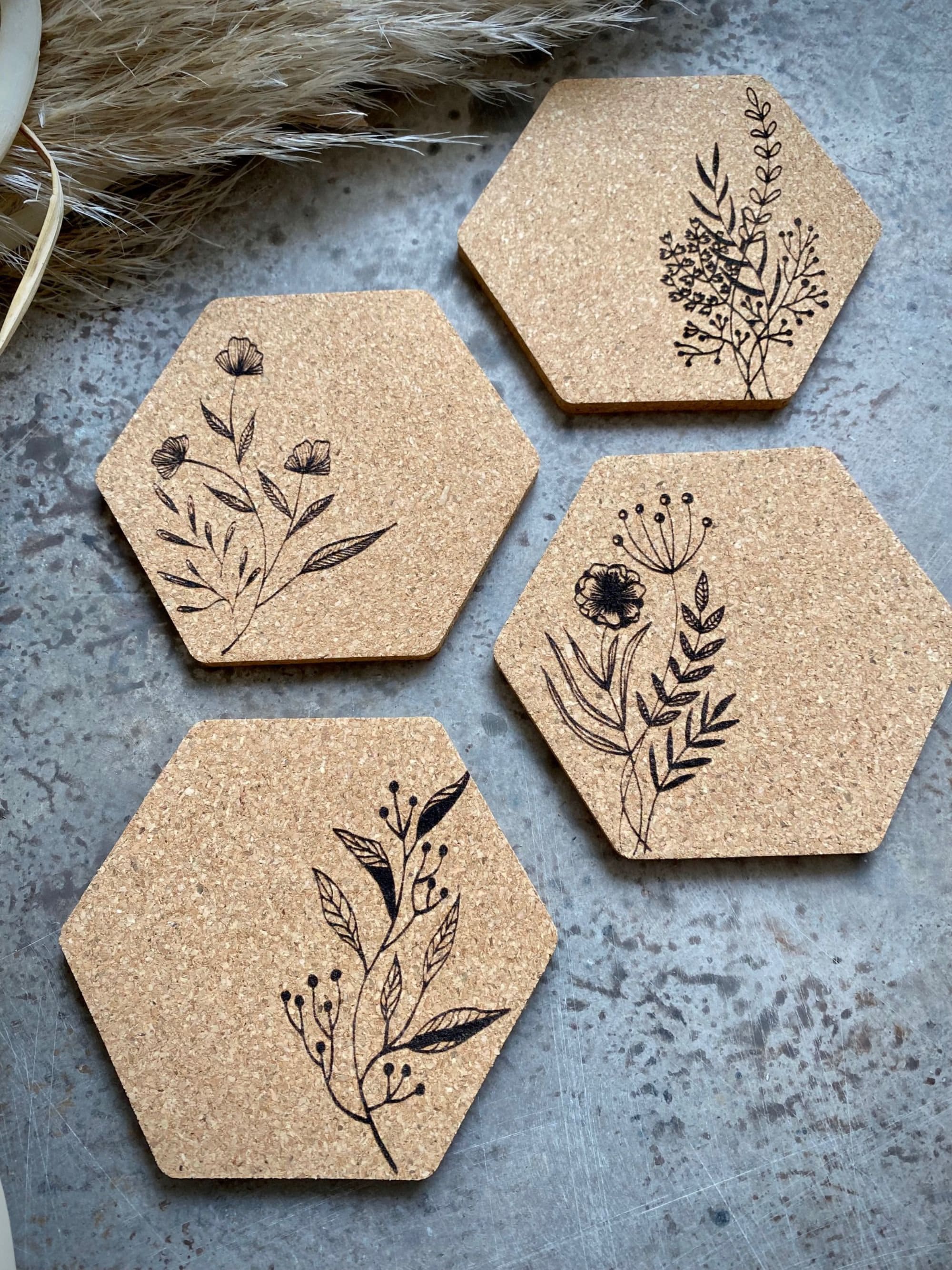 Floral Hexagon Cork Coaster Set Flowers Coasters Absorbent Etsy