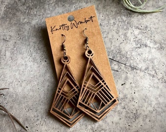 The Sara Earrings | Geometric Laser-Cut Wood Earrings | Art Deco Wood Earrings | Statement Wood Earrings