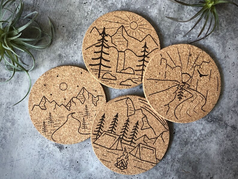 Mountains Themed Laser Engraved Cork Coasters Set Absorbent Etsy