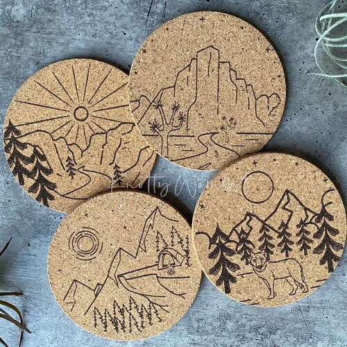 Mountains 2 Themed Cork Coasters Set Absorbent Coaster Set Etsy