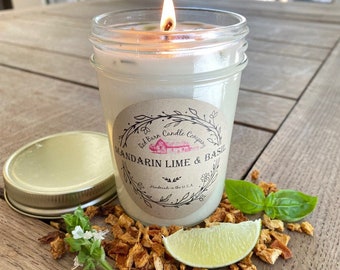 Mandarin Lime & Basil Aromatherapy Candle | All-Natural Soy Wax + Dried Herbs/Fruits | Essential Oil Infused | Odor Eliminating | Toxin Free