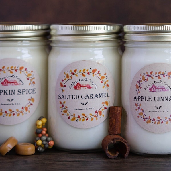Fall Candles 100% Natural Soy Wax & Essential Oil Infused | Odor Eliminating + Pet Safe | Toxin / Paraffin Free | Red Barn Scented Candle
