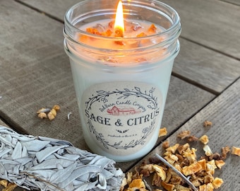 Sage & Citrus Aromatherapy Candle | 100% All-Natural Soy Wax + Essential Oil Infused | Pet Safe + Smoke Odor Eliminating | Non Toxic Candle