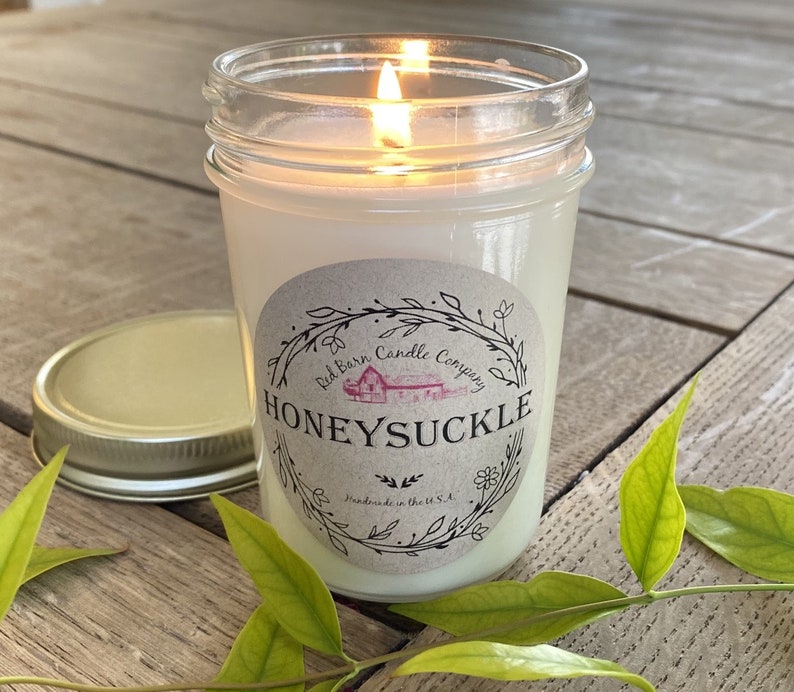 Eucalyptus Spearmint Aromatherapy Candle All-Natural Soy Wax & Dried Herbs Essential Oil Infused Odor Eliminating Toxin Free Honeysuckle