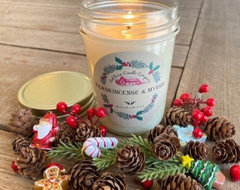 Frankincense & Myrrh Aromatherapy Candle | All-Natural Soy Wax + Dried Flowers | Essential Oil Infused | Odor Eliminate + Relax | Toxin Free