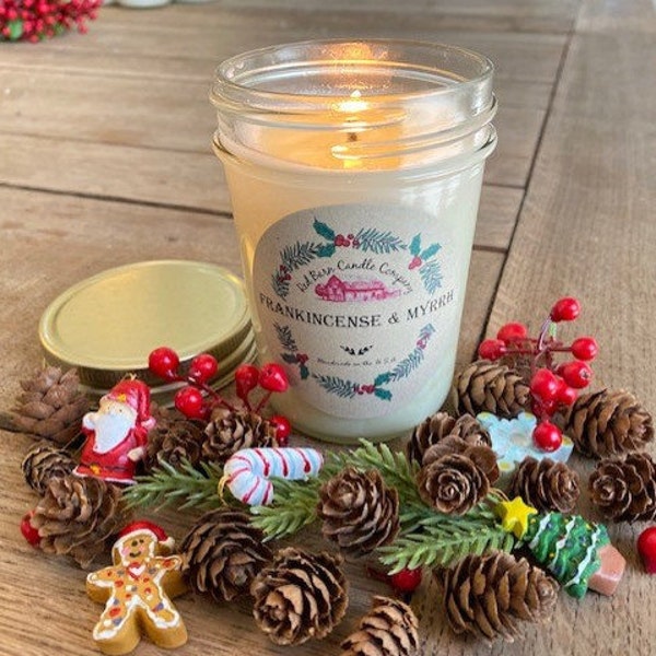 Frankincense & Myrrh Aromatherapy Candle | All-Natural Soy Wax + Dried Flowers | Essential Oil Infused | Odor Eliminate + Relax | Toxin Free