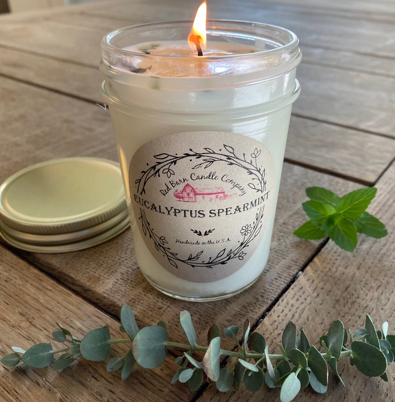 Eucalyptus Spearmint Aromatherapy Candle All-Natural Soy Wax & Dried Herbs Essential Oil Infused Odor Eliminating Toxin Free image 2