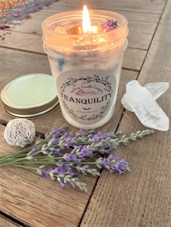 Tranquility Crystal Herb Candle All natural Soy Wax and Dried